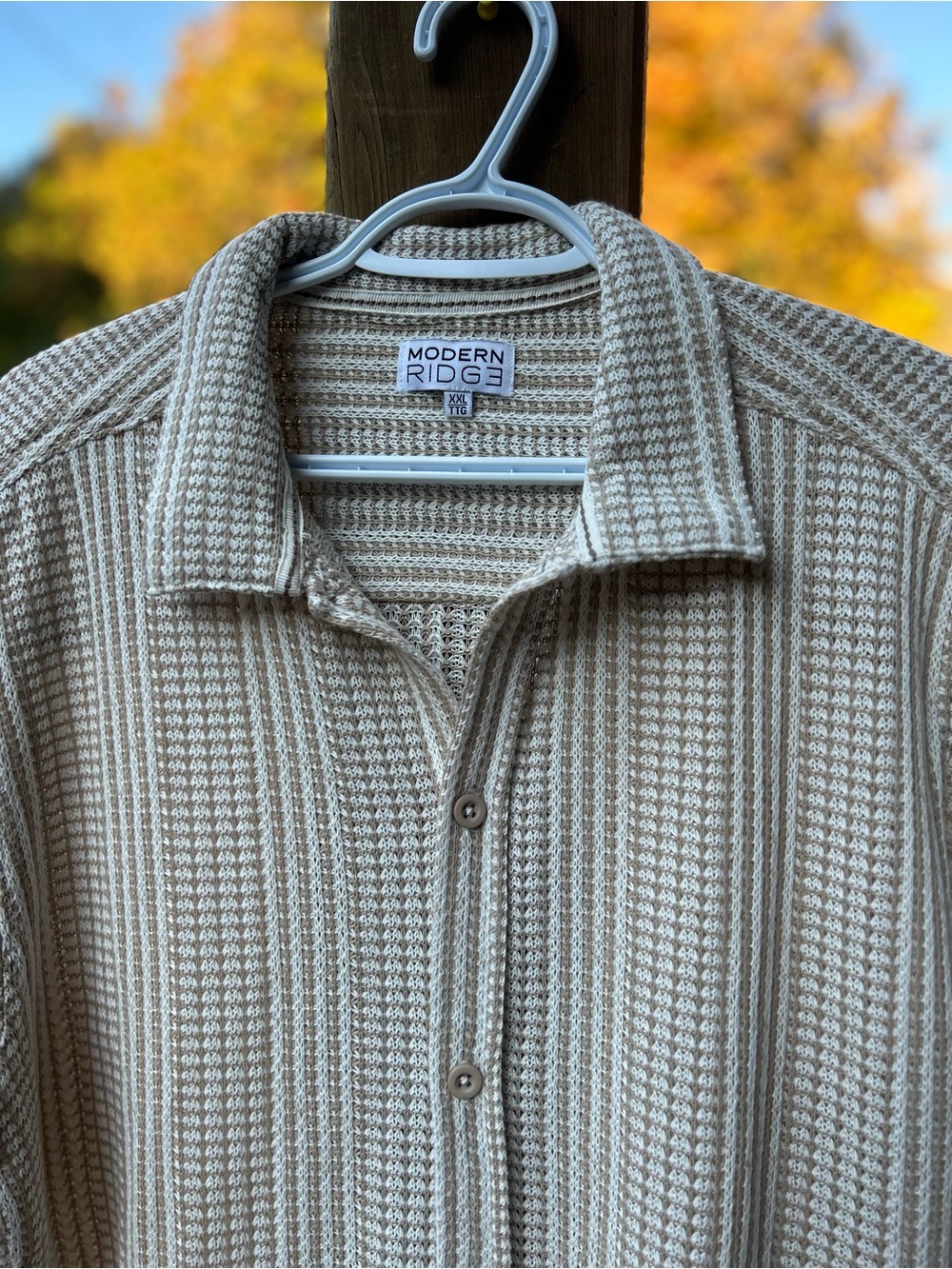 0141. Men’s Beige Stripe Button-Down Knit Shirt • XXL